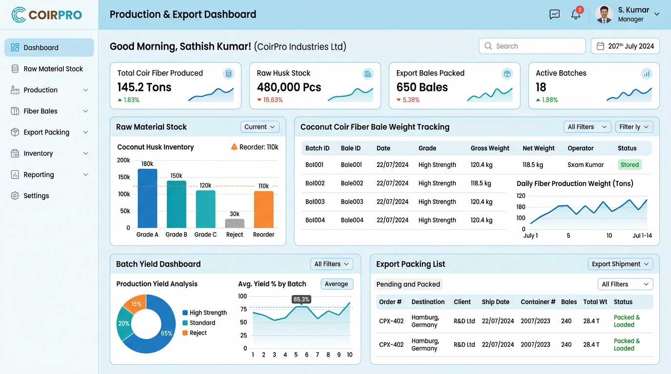 Coir Industry Production & Export ERP Software Dark Screenshot
