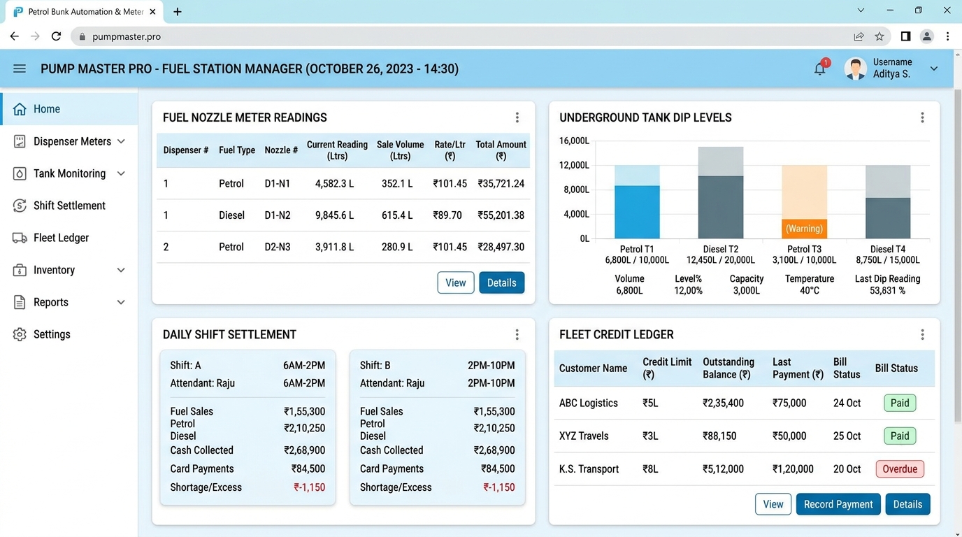 Petrol Bunk Meter Billing & Stock Software Dark Screenshot