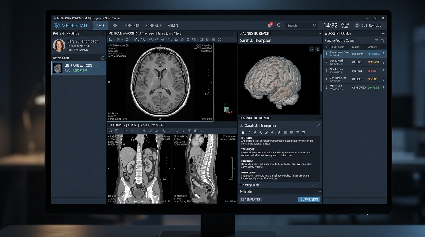 RIS PACS Radiology & Scan Center Software Dark Screenshot