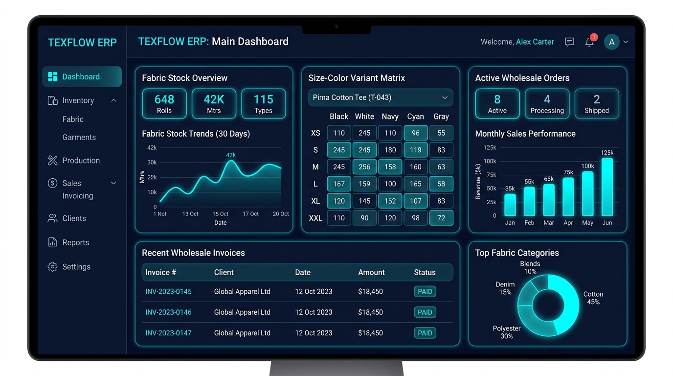 Textiles & Garments ERP Software Dark Screenshot