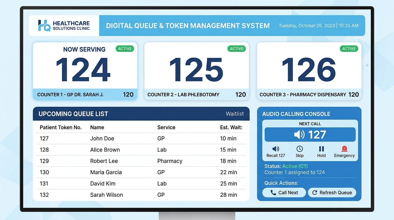 Digital Token & Queue Management System Dark Screenshot